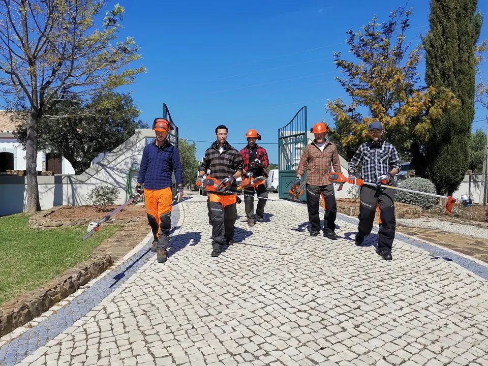 Equipa de cinco jardineiros com equipamento de proteção e ferramentas, a caminho do trabalho