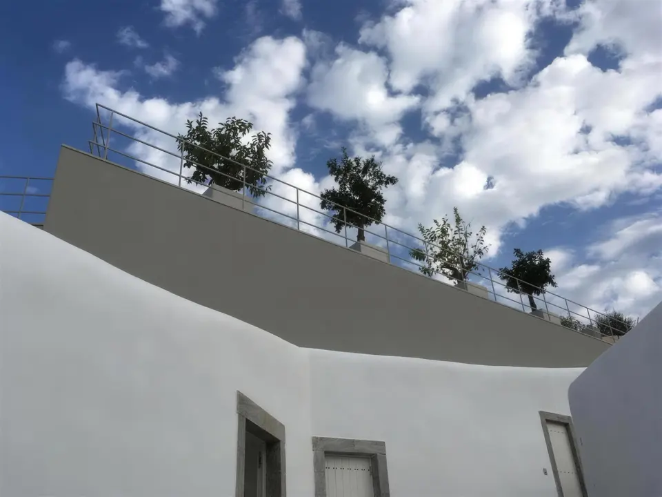 Floreiras de terraço com árvores jovens sob céu dramático
