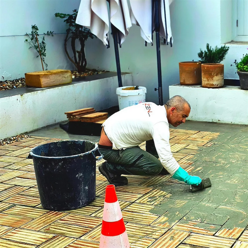 Jardineiro a betumar o pavimento de tijoleira num pátio