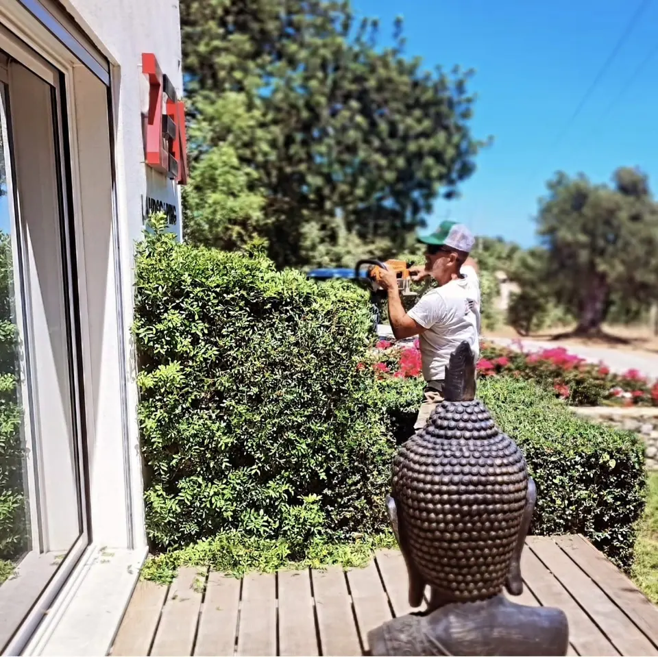 Jardineiro a aparar uma sebe junto a um deck de madeira com estátua de Buda